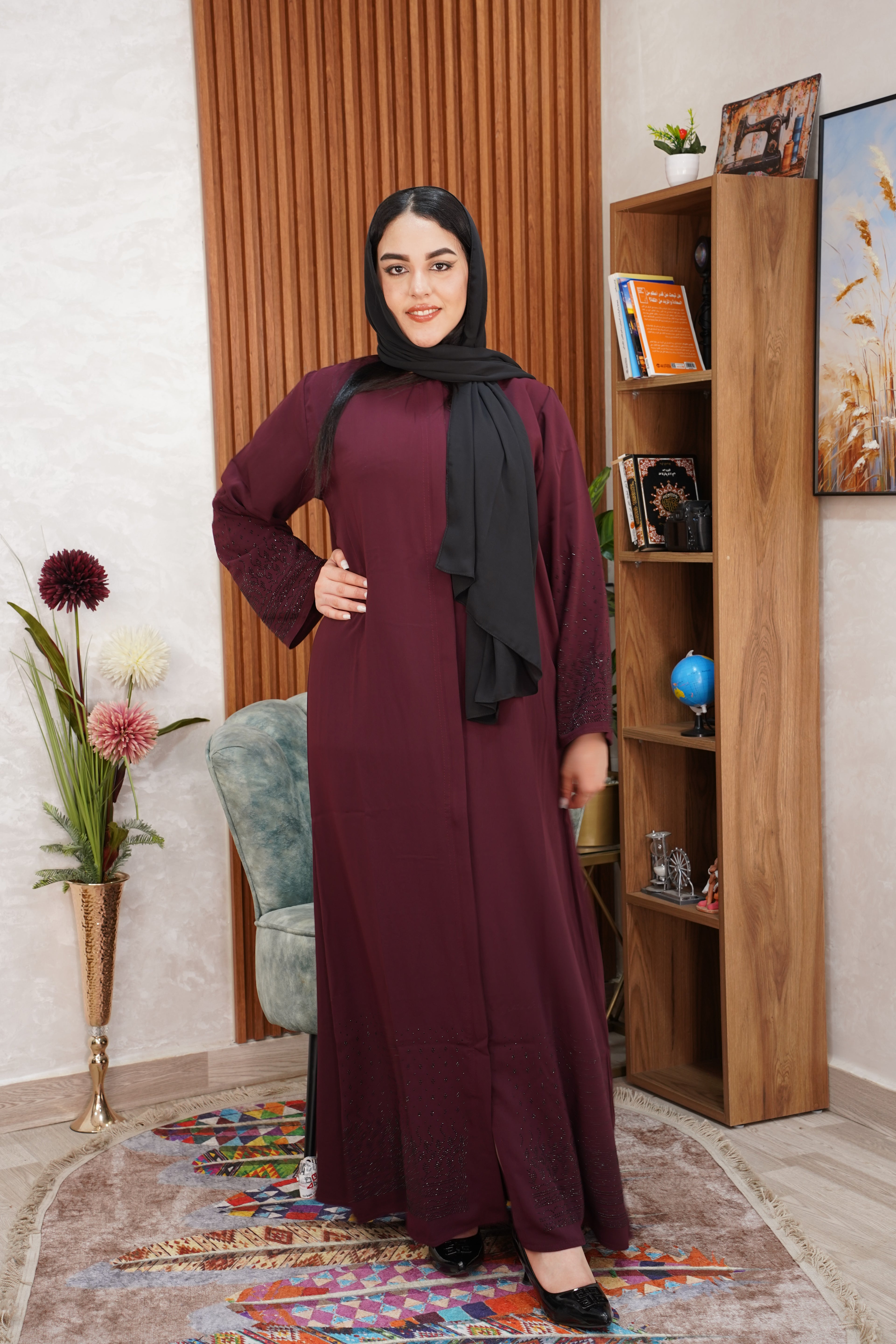 عباية قفطان فاخرة 'لؤلؤة مراكش' - عنابي ملكي" (Luxury Kaftan Abaya 'Pearl of Marrakesh' - Royal Maroon)